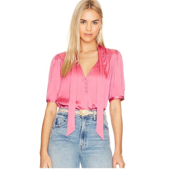PAIGE Pink Puff Sleeve Tie Front Blouse - Picture 1 of 8